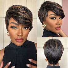 优雅的1B/30精灵短发假发，女士款 - 直发真人发假发，带刘海，短款层次直发造型，自然黑棕混色，无需胶水即可轻松佩戴，多色设计，适合所有人，6英寸舒适玫瑰网帽，无需胶水，完美适用于日常佩戴、派对、圣诞节、新年以及K-Pop等场合。 - 彩色 - 查看 6