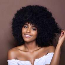 GLAMNOW Women's Black Afro Wig, 70s Disco Style Oversized Afro Wig, 1B Natural Black Curly African American Wig With Bangs, Fluffy Elastic Synthetic Heat Resistant Wig For Daily, Party, Cosplay, Halloween - Multicolor - View 13