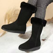 Women's Mid-Calf Snow Boots, Thick Thermal Lining, Wedge Heel, Warm & Soft Material, Side Zipper, Round Toe, Versatile Outdoor Boots For Winter - Black - View 8