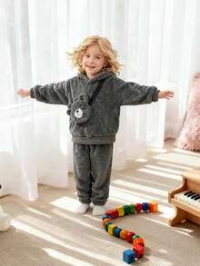 Bộ đồ thể thao thường ngày cho bé trai mặc hàng ngày, mùa đông, áo hoodie và quần dài màu trơn - Xám - Xem 8