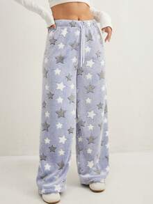 Plus Size Women's Autumn/Winter Flannel Thick Star & Moon Pattern Drawstring Waist Wide Leg Pants, Suitable For Outerwear, Sportswear, Casual, Loungewear - Blue - View 4