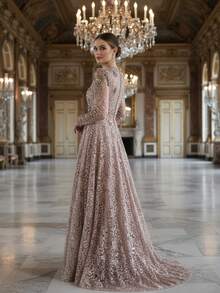 Lotus Root Pink Round Neck Long Sleeve Heavily Beaded & Embroidered 3D Floral A-Line Maxi Evening Dress - Light Grey - View 3