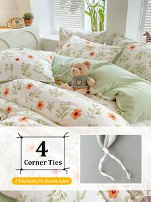 3pcs/Set Korean Style Floral Print Bedding Set, Soft Microfiber Fabric With Cloud-Like Texture, Machine Washable & Removable, Tie-Down Corners, (1 Duvet Cover + 2 Pillowcases), Single/Double Size, Comforter & Pillow Insert Not Included