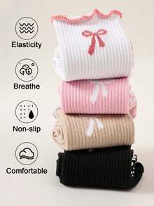 1/2 Pair Pilates Socks, Professional Non-Slip Yoga Socks With Embroidered Bow, Dot Patterned Anti-Slip Socks For Women, Suitable For Home, Leisure, Aerobic Exercise, Soft Ribbed Knit Fabric, Wavy Hem + 3D Bow Embroidery - Multicolor - View 6