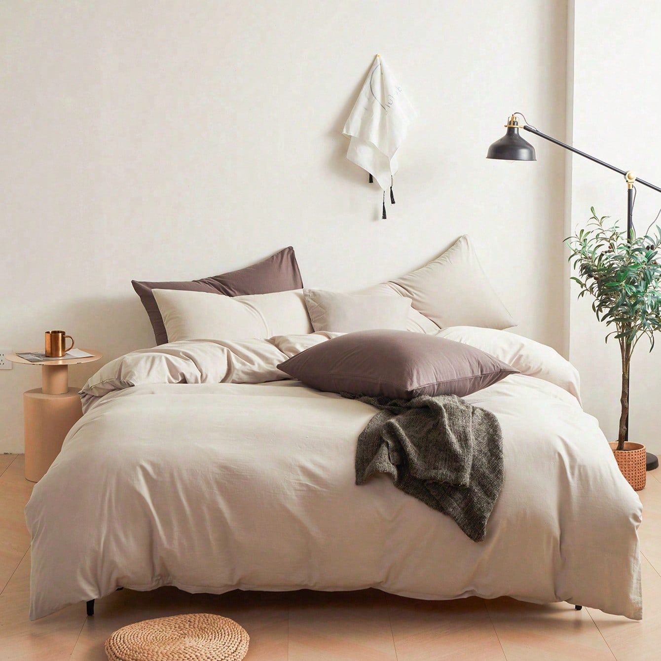 Juego de funda nórdica reversible de color caqui liso de 2 o 3 piezas (1 funda nórdica y 1/2 fundas de almohada), juego de ropa de cama de tela tran