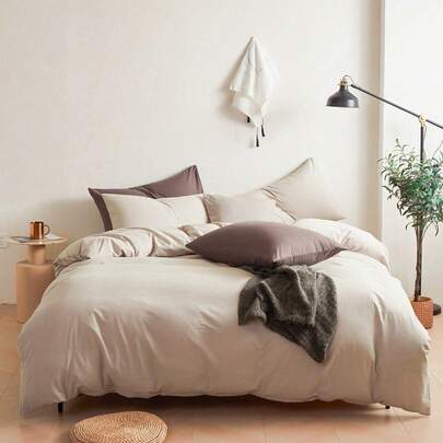 2件或3件套 100%纯棉卡其色纯色双面被套套装（1个被套和1/2个枕套）透气面料床上用品套装，适合家庭使用，四季皆宜。双色设计，适用于卧室、客房、婚礼、情人节、宿舍、学校等场合。
