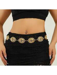 Vintage Copper Engraved Square Plate Waist Chain, Metal Decor Chain Belt, Women's Waist Cincher With Tassel Pendant, Suitable For Dresses & Shirts, Boho Retro Texture Versatile Styling Tool, Exquisite Details Elevate Fashion Taste, Niche Design Valentine's Day Accessories - Gold - View 22