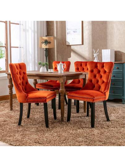Moderne Dining Chairs, High End Tufted Solid Wood, Contemporary Fluwelen Upholstered Piece Studded Wooden Legs, Orange, Blue. view 5
