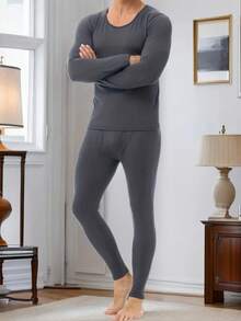 Men's Ultra-Soft Thermal Underwear Set With Long Sleeves And Pants, Featuring A Brushed Interior - 深灰色 - 查看 2