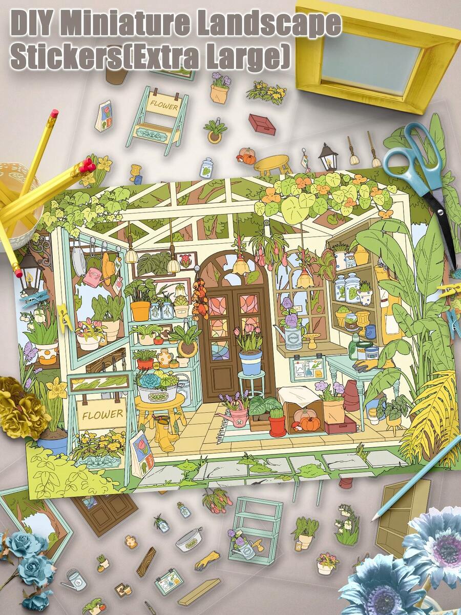 Bộ 1 nhãn dán phong cảnh thu nhỏ chủ đề "Nhà kính cổ điển", kích thước cực lớn, nhãn dán phong cảnh thế giới thu nhỏ 3D quyến rũ, nhãn dán trong suốt, thích hợp làm quà tặng tựu trường, quà tặng ngày lễ, trang trí phòng tự làm, bộ sưu tập nhãn dán giải trí, cách thú vị để giết thời gian. - Nhà kính cổ điển - Xem 1