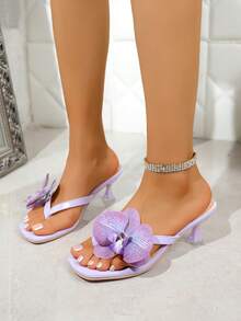 Plus Size Square Toe Flower Decor Flip Flops For Women, 2026 New Summer Fashion Casual Beach Sandals - Màu tím - Xem 3