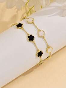 2 chiếc Vòng tay nữ thiết kế hoa cỏ ba lá 5 cánh màu đen và trắng đơn giản, thời trang, đa năng và thanh lịch cho mùa hè - màu đen - Xem 6