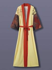 Maneki-Neko Anime Print Waist Tie Kimono Cover Up, 3/4 Sleeve Thin Jacket, Unisex, Beach Travel Casual Coverup, Haori Robe, Lightweight Cloak, Bathrobe - Yellow - View 1