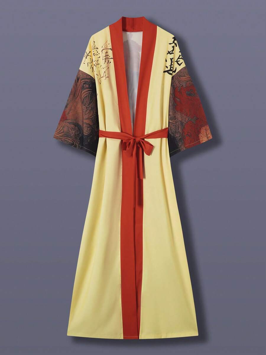 Maneki-Neko Anime Print Waist Tie Kimono Cover Up, 3/4 Sleeve Thin Jacket, Unisex, Beach Travel Casual Coverup, Haori Robe, Lightweight Cloak, Bathrobe - Yellow - View 1