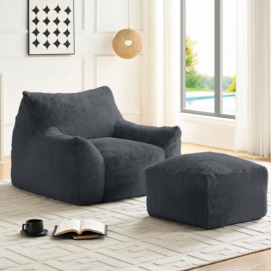 Modern Faux Fur Fabric Large Bean Bag Chair With Ottoman, Oversized Adult Bean Bag Chair With Filler, Lazy Sofa Comfy Bean Bag Couch With Armrests - 深灰色 - 查看 1