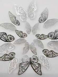 12pcs/Set 3d Butterfly Wall Stickers For Wedding Cake Decoration, Living Room Home Decor, Stickers, Wall Decal, Vinyl Decal For Home Decorations, Spring Decoration Items Refresh Your Home, Rama Decoration Stickers Gifts Birthday Graduation - Silver - View 7