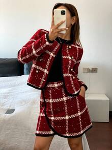 Livesso 女士优雅图案外套和裙子两件套，适合秋季、新年、圣诞节穿着 - 酒紅色 - 查看 3
