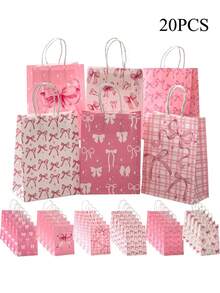 4/10/25个装粉色蝴蝶结主题派对礼品袋 - 优雅纸质礼品袋，带提手，适用于婚礼、新娘送礼会、生日及其他特殊场合，饰有粉色蝴蝶结、星星和几何图案 | 独特的蝴蝶结设计 | 结实耐用的提手包装袋，适用于新娘派对、情人节、婚礼派对 - 彩色 - 查看 1