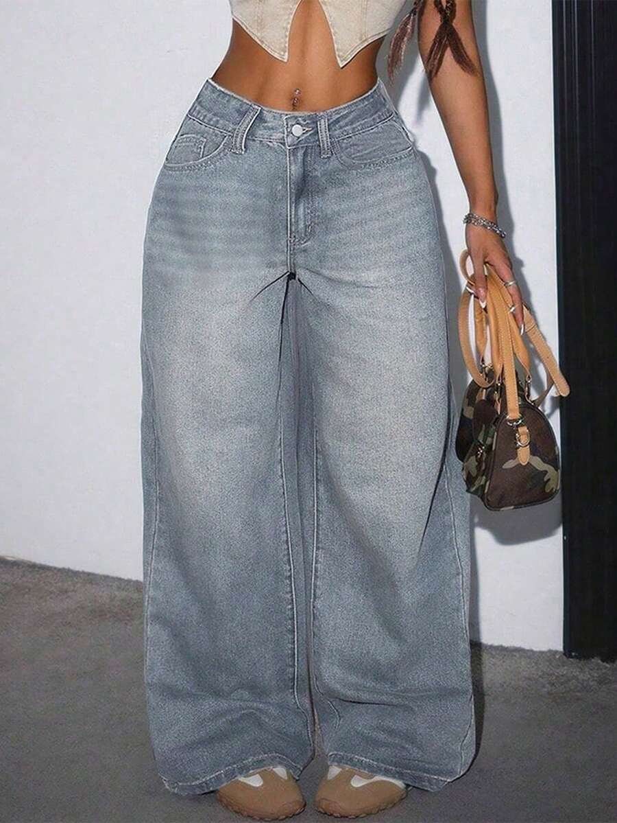 Quần jeans nữ ống rộng dáng suông, có túi, thích hợp mặc hàng ngày. - Xanh cũ - Xem 1