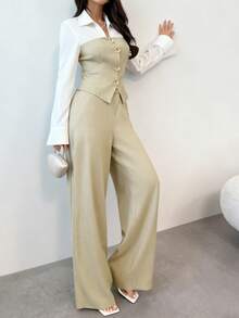 Women's Fashion Collared Shirt And Sleeveless Button Detail Vest With Matching Wide Leg Pants 2 Pieces Set - Apricot - View 1