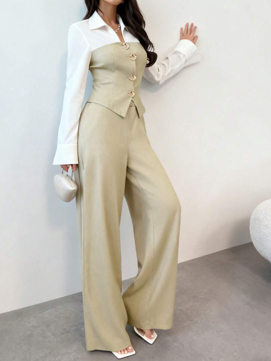 Women's Fashion Collared Shirt And Sleeveless Button Detail Vest With Matching Wide Leg Pants 2 Pieces Set - Apricot - View 1