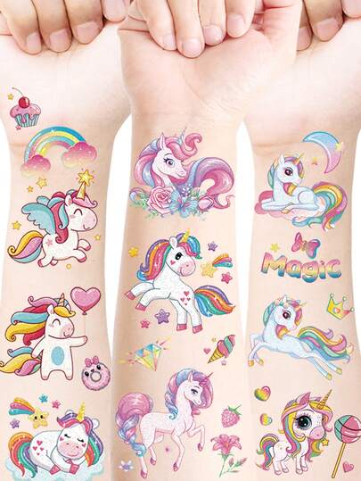 120 buc/12 foi tatuaje temporare cu sclipici roz unicorn, stiluri sclipici unicorni curcubeu strălucitor creaturi mitice magice fantezie tatuaje autocolante, decorațiuni pentru petreceri de ziua de naștere, cadouri perfecte, umplutură pentru pungi cu bunătăți, durează 2-5 zile