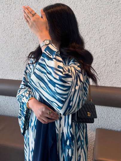 Áo Abaya cho nữ, 1 chiếc, kiểu dáng đơn giản, thời trang, bất đối xứng, in họa tiết nhuộm tie-dye, tay áo màu trơn, áo choàng Abaya thanh lịch kiểu Pháp, phù hợp cho sinh hoạt hàng ngày, đi làm, du lịch, dự tiệc hoặc nghỉ dưỡng.