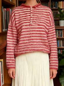 Women Striped Knit Sweater Long Sleeve Button Closure Solid/Stripes Pullover Warm Sweater For Fall Winter - Burgundy - View 3
