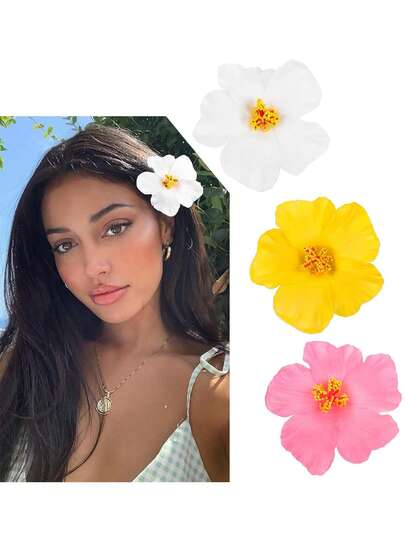 3个/1个 9厘米/3.54英寸 女士夏季夏威夷风白色、黄色、粉色人造花发夹，时尚百搭高端优雅简约纯色鳄鱼夹刘海夹发饰，适合日常外出、休闲、派对、通勤、海滩、度假、发型设计、服装搭配，爪夹、发夹、发卡、情人节配饰、头部配饰、发卡