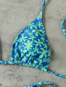 New Arrival Spring/Summer European And American Casual Sexy Elegant Blue & Green Floral Print Women's Spaghetti Strap Bikini Set Set, Suitable For Beach, Vacation, Party - Multicolor - View 3