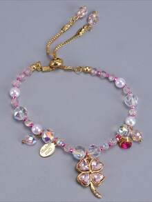 1条甜美粉色串珠心形花朵手链，时尚小众可调节女士手链 - 粉色 - 查看 1