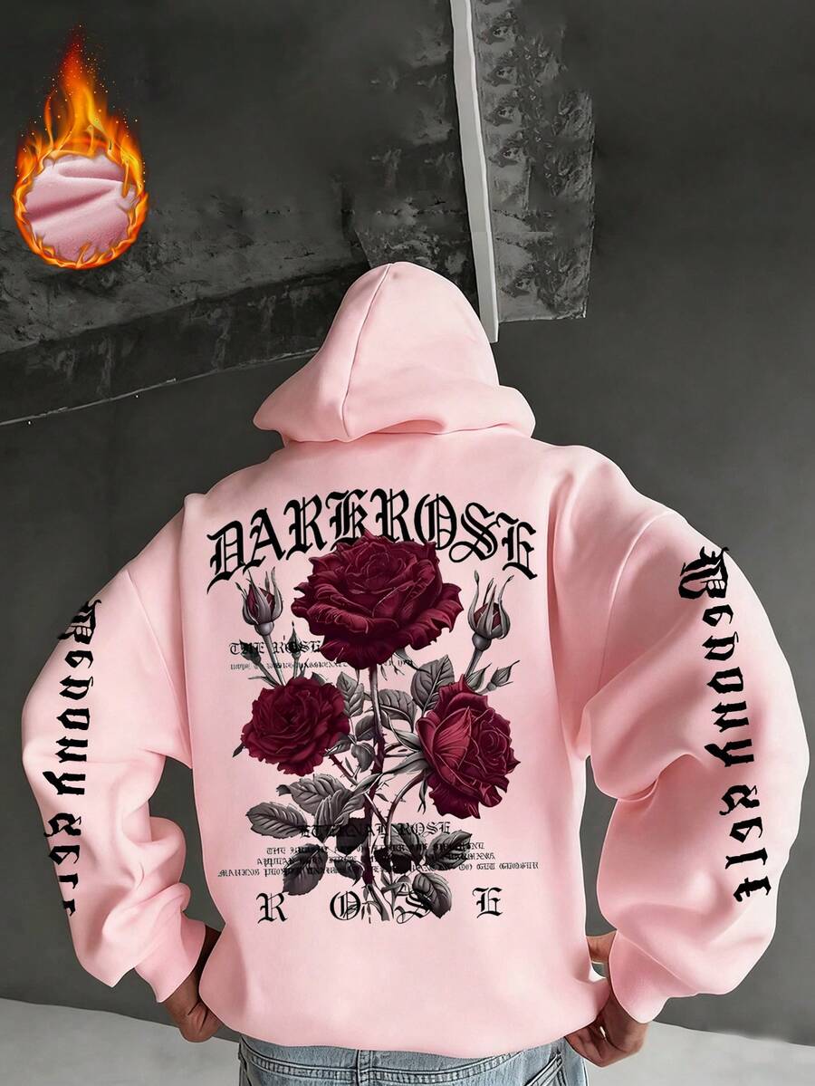 Men's Thermal Lined Hoodie With Kangaroo Pocket, Printed Design, Autumn/Winter - Pink - View 1