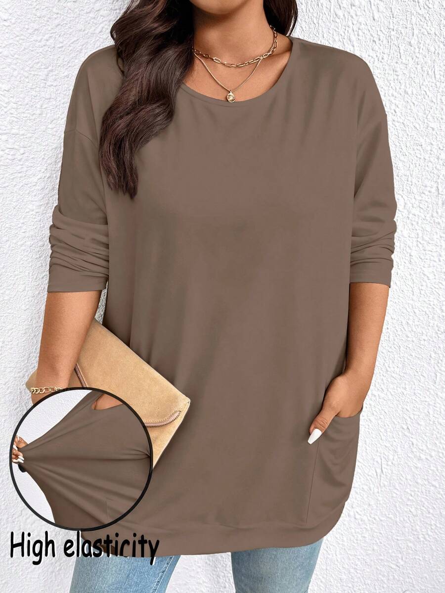 Camiseta casual de talla grande de unicolor con doble bolsillo, adecuada para usar en primavera y otoño, camiseta casual diaria y para el hogar para mujeres - Camel - Ver 1