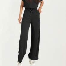 Women's 2-Piece Set Short Sleeve Relaxed Fit Top And Wide Leg Pants With Soft Stretch Fabric And Drawstring Waist - 黑色 - 查看 5