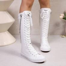 love ycodo Women's Fashionable Over-The-Knee Boots, New Style High Shaft Boots For Girls/Students, With Side Zipper And Decorative Chain - White - View 4