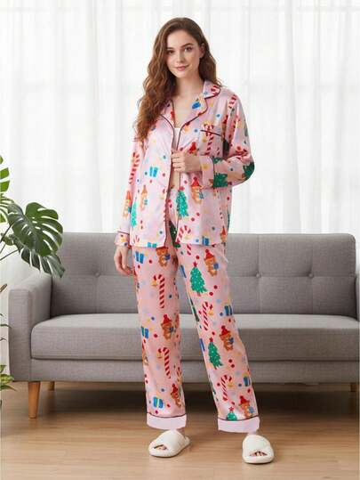Women's Christmas Pajama Sets Fashionable Printed Button Down Ruffle Tops with Pants 2Pcs Soft Sleepwear