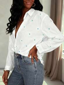 女士休闲修身心形印花 Polo 领衬衫，适合度假、蜜月、约会、可爱青春造型、长袖上衣、春夏秋季 - 藍白色 - 查看 4