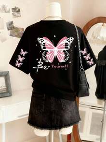大码女式蝴蝶图案短袖T恤 - 灰色底粉色滚边，“做你自己”印花，舒适套头衫，适合春夏穿着，可机洗，休闲百搭，适合日常穿着、外出、聚会、上学、音乐节、度假、通勤等场合。可作为礼物送给家人、男友、女友、朋友，是女孩夏季必备的短袖T恤。黑色 - 黑色 - 查看 5