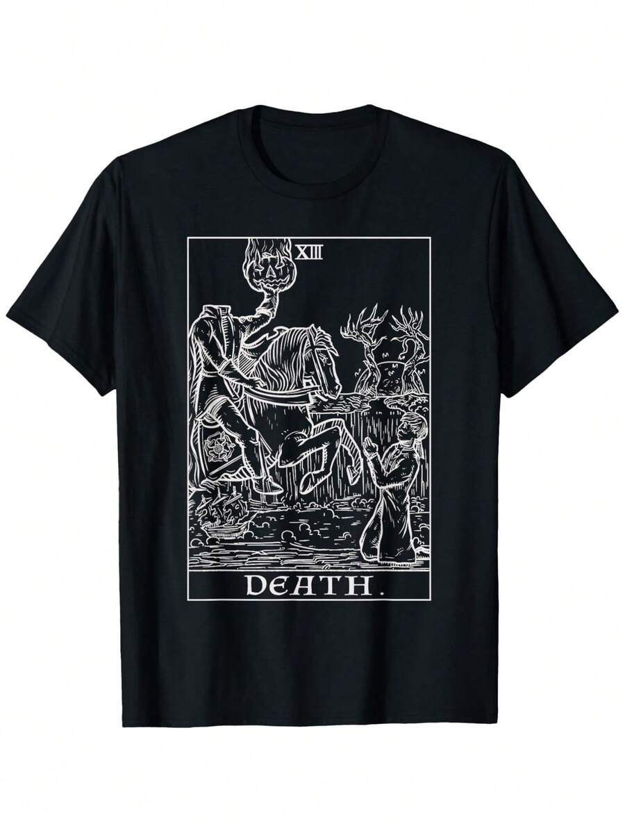 Death Tarot XIII Card Gothic Horror T-Shirt - Headless Horseman, Heavyweight 180gsm Cotton Tee For Halloween, Goth, Or Tarot Fans - Unisex Adult Sizes Up To 5XL - Spooky Gift For Men & Women, Halloween Costume, Occult Style, Soft Fabric, Oversized Fit, Alternative Fashion, PLUS SIZE - Black - View 1
