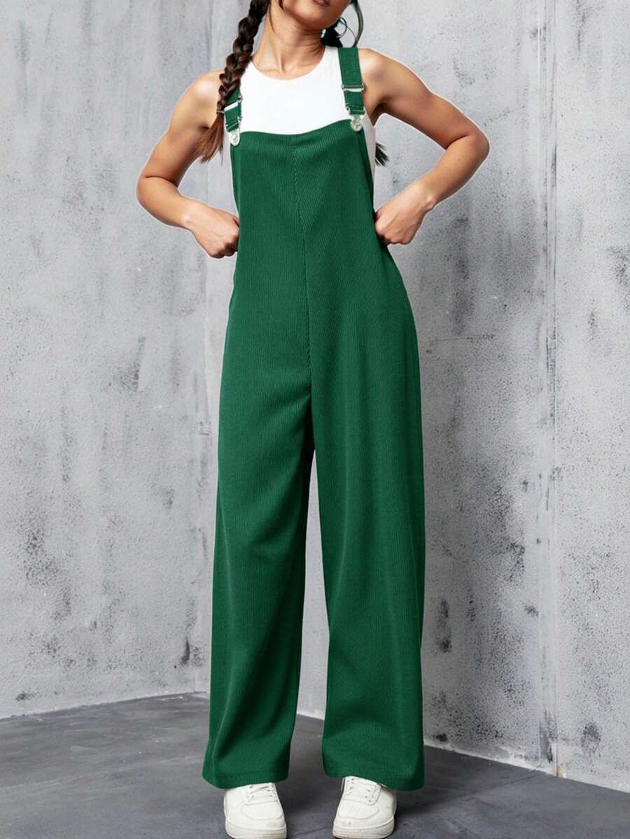 Overall mujer dama casual vintage holgado comodo pana bolsillos costados relajado versatil juvenil streetwear urbano moderno tirantes ajustables corte ancho - Verde bandera - Ver 1
