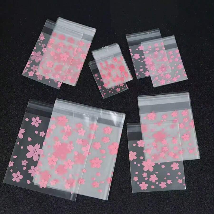 100个/包 樱花图案透明自封塑料袋，适用于糖果、饼干、珠宝包装 - 彩色 - 查看 1