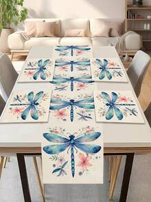1pc Dragonfly Pattern Table Runner, 4pcs Dragonfly Pattern Placemats, Suitable For Holidays, Parties, Birthdays, Dinners, Kitchen & Dining Room Table Decor, All Season Home & Living Room Decor - Multicolor - View 2