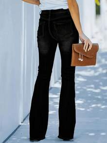 Quần jeans ống loe cạp trung, màu trơn, co giãn dành cho nữ - Thanh lịch và gợi cảm, phù hợp cho cả mặc thường ngày và mặc ở nhà. - màu đen - Xem 2