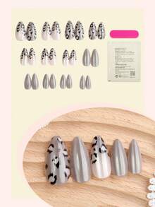 24pcs French Cat Eye Nail Stickers, Medium Almond Shape, Leopard Gradient Design, Minimalist Style, Smooth Surface, Full Coverage, Suitable For Women And Girls Daily Wear