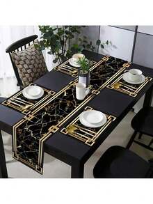 5/7pcs Luxury Placemats And Table Runner Set, Black And Gold Marble Pattern Printed Design, Waterproof And Non-Slip Table Mats, Machine Washable Polyester Rectangular Woven Table Mats, Suitable For Kitchen Dining Room, Home Decor, Party Decor - 5 件-餐墊 + 桌旗 - 查看 10