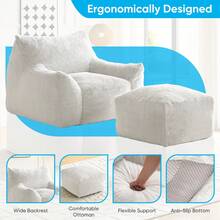 Modern Faux Fur Fabric Large Bean Bag Chair With Ottoman, Oversized Adult Bean Bag Chair With Filler, Lazy Sofa Comfy Bean Bag Couch With Armrests - 白色 - 查看 7
