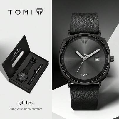  TOMI Men's Quartz Watch With Pen Set, Minimalist Business Style Calendar Watch, High-End Leather Strap, Gift Box, Suitable For Daily Life, Business Events, Christmas