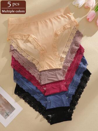 5pcs/Set Solid Color High Waist Lace Patchwork Briefs Panties Set For Women