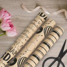 1/3 Roll Birthday Wrapping Paper, 17 Inches X 118 Inches Per Roll, Kraft Paper Gift Wrap Rolls With Balloon, Letter, Stripe, Star Patterns, Suitable For Parties, Family Gatherings And DIY Birthday Gift Packaging - Multicolor - View 5