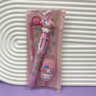 Sanrio Kuromi 6-Color Ballpoint Pen, Correction Tape, Ruler Stationery Set, Cute Cartoon Pencil Case, Transparent Zipper Pouch